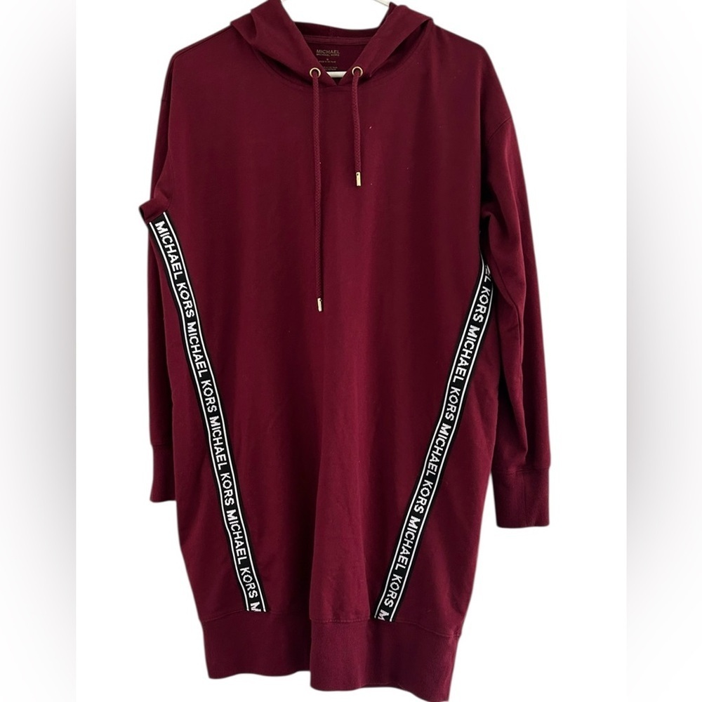 Michael Kors Logo Tape Sweatshirt Hoodie Dress - Burgundy Red - Size Medium